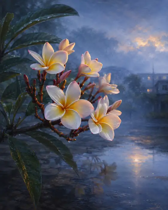 Plumeria Blossoms reflected on the Wet Pavement at Dusk