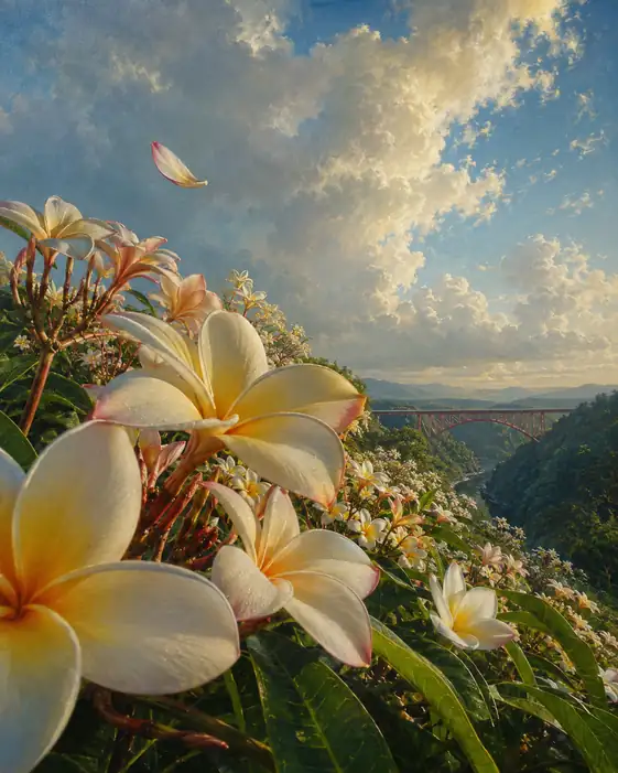 Plumeria Blossoms and the Red Arch Bridge under Summer Clouds