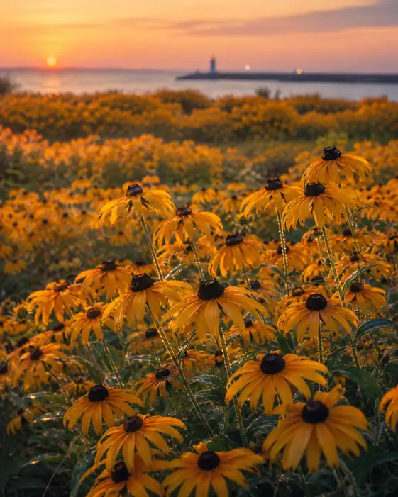 Sunset Glow over Rudbeckia Meadow and the Coastal Lighthouse