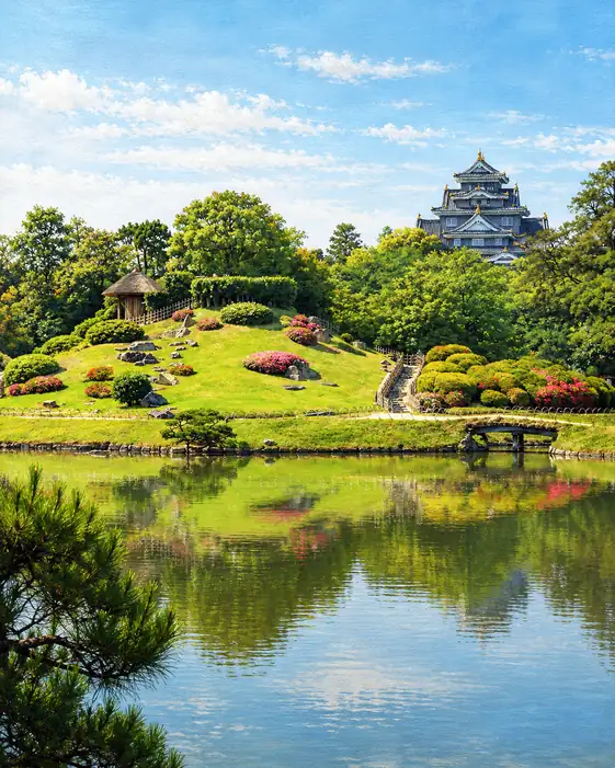 Okayama Castle over the Serene Korakuen Pond