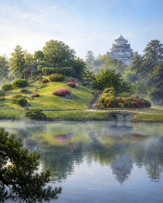 Morning Mist over Korakuen and Okayama Castle
