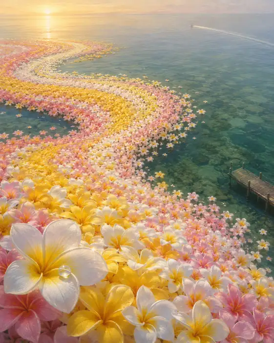 Stream of Floating Plumeria over the Sunlit Emerald Sea