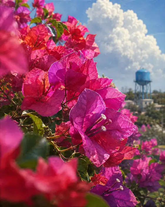 Bougainvillea beneath Summer Clouds and the Water Tower