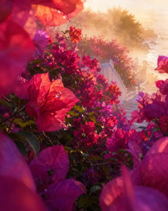 Dewy Bougainvillea along the Misty Coastal Stairway at Dawn