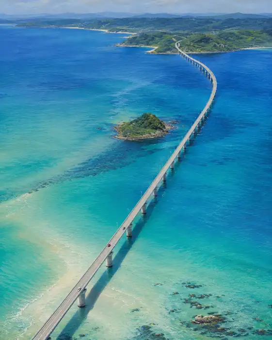 Bird's-Eye View of Tsunoshima Bridge across Azure Waters