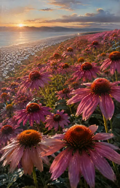 Sunset Horizon and Blooming Shore