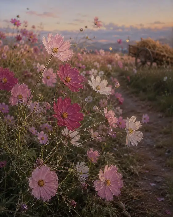Dew-Kissed Cosmos on the Harvest Path