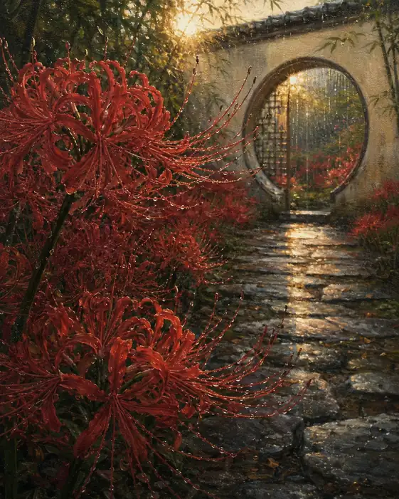 Path of Scarlet Dew Moistening the Moon Gate Garden