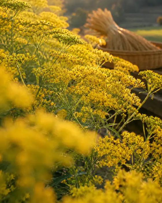 Golden Maiden Flowers and Basket Holding Autumn Ears