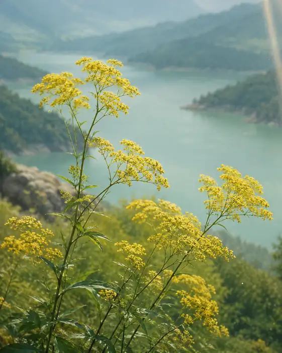 Hill Overlooking the Azure Lake and Swaying Yellow Blooms