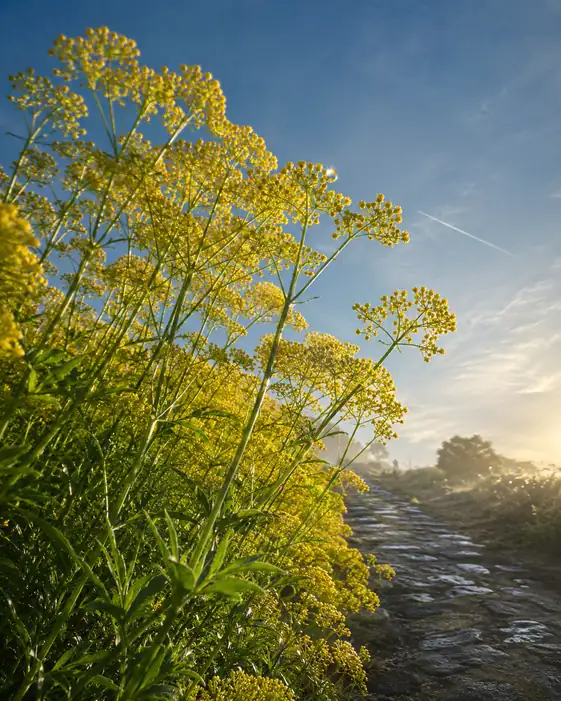 Cobblestone Path Gazing at Azure Sky and Sunny Yellow Blooms