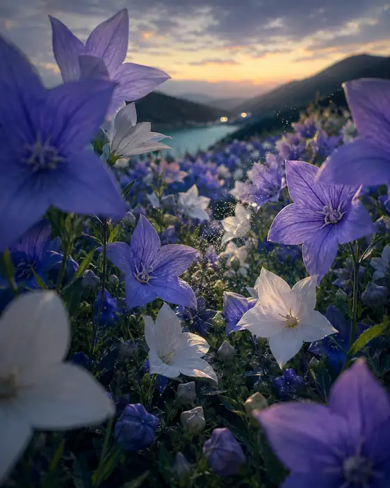 Floating Light Particles and Purple-White Bellflowers by the Twilight Lake