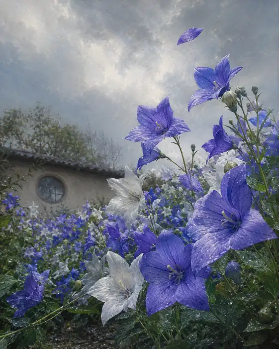 Drifting Petal under Rain Clouds and Purple-White Bellflowers