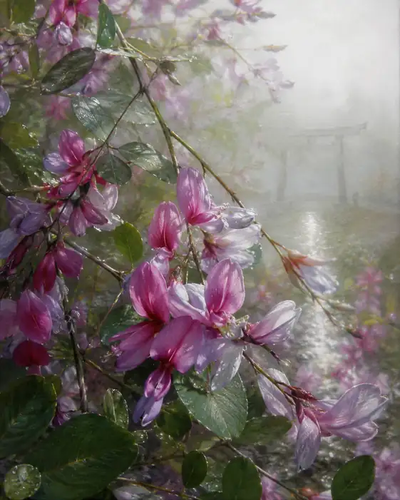 Morning Dew on Bush Clover Boughs by the Misty Shrine
