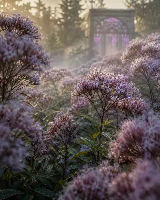 Morning Sunbeams over the Greenhouse and Dew-Laden Thoroughwort