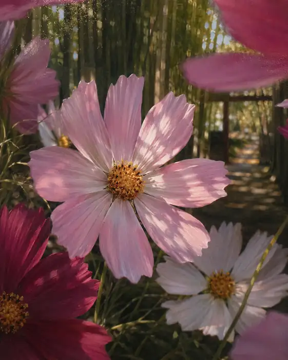 Komorebi in the Bamboo Grove and Blooming Cosmos
