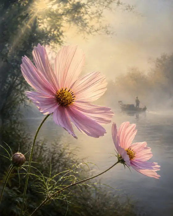Morning Mist with Sunbeams and Two Cosmos Translucent by the Water