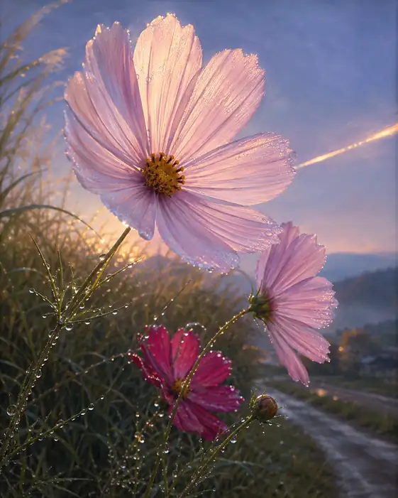 Morning Dew on Cosmos and the Trail Across the Dawn