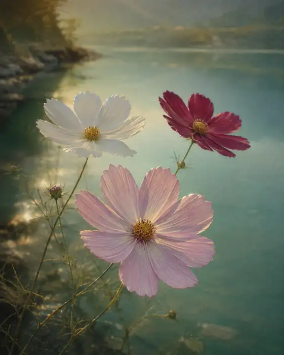 Tricolor Cosmos Blooming in Harmony by Emerald Waters