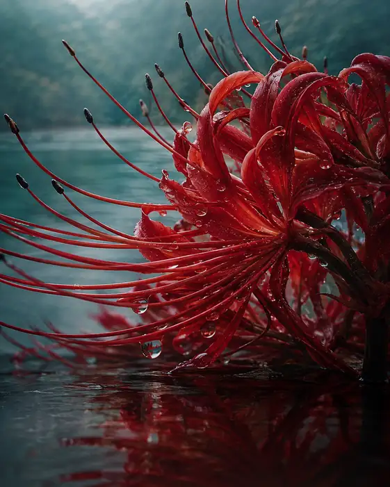 Dew Dripping onto the Water Mirror and Crimson Lycoris