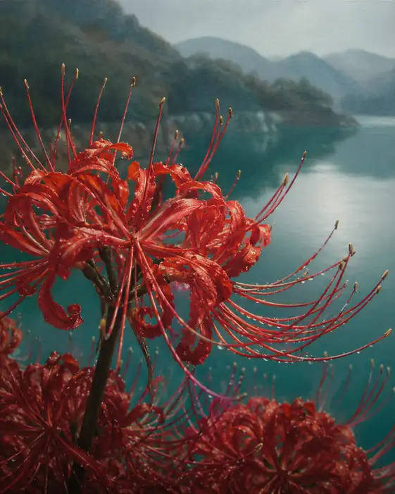 Rain-Drenched Lycoris Overlooking the Emerald Lake