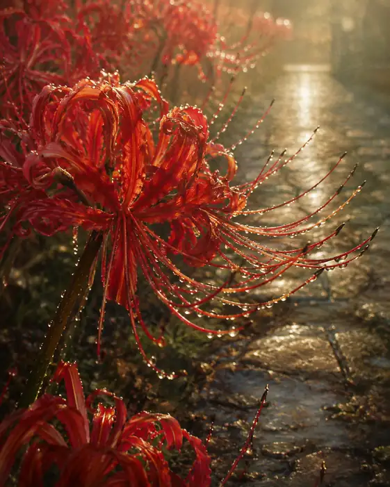 Golden-Lit Cobblestones and Dew-Glistening Lycoris