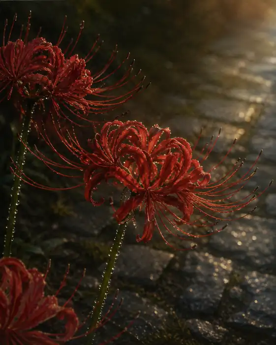 Dew Pearls on the Cobblestone Path and Scarlet Lycoris