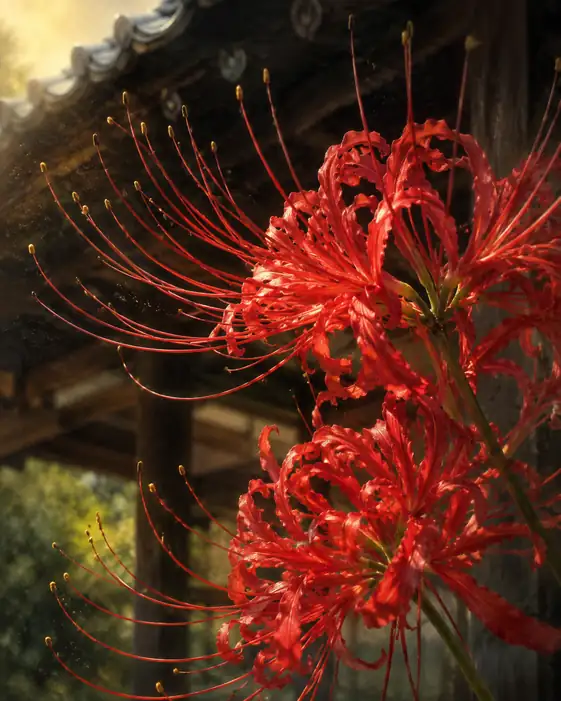 Twilight Staining the Eaves and Two Lycoris in Bloom