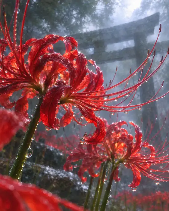 Giant Dewdrops at the Misty Sanctuary and Scarlet Lycoris