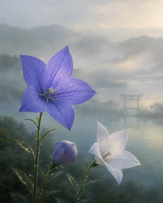 Lake Torii in the Mist and Purple-White Bellflowers in Dew