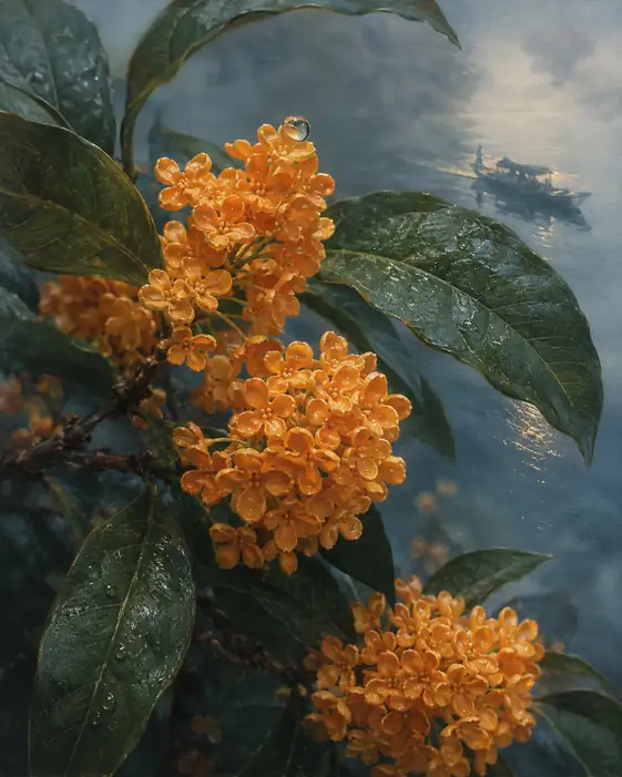 Boat on the Misty Lake and Dew-Laden Osmanthus