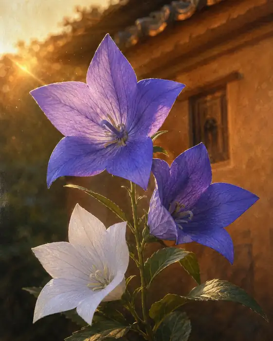 Sunlight upon the Earthen Wall and Three Bellflowers in Bloom