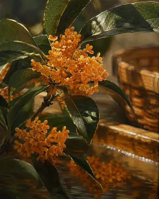 Osmanthus Reflected in Wooden Basin and Sunlit Bamboo Basket