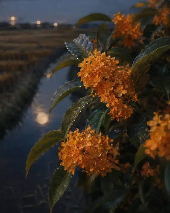 Moonlit Waterway and Osmanthus Fragrant in Night Dew