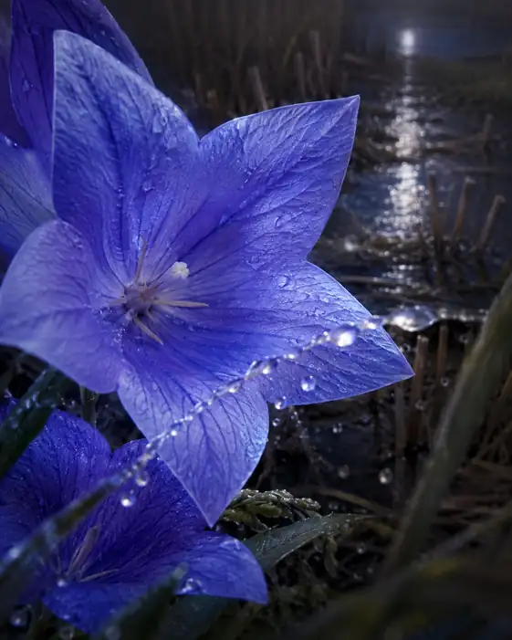 Moonlit Waterway through Reaped Fields and Dew-Strung Bellflower