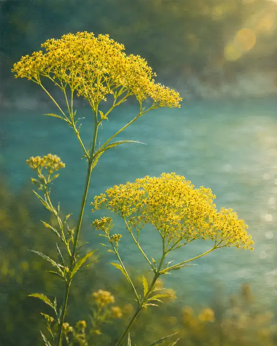 Sunlight over Azure Waters and Golden Maiden Flowers