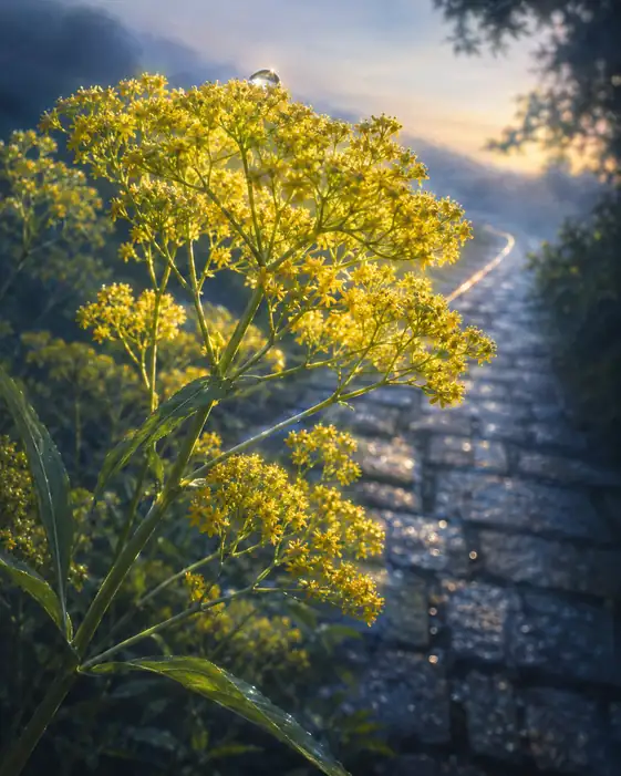 Glistening Cobblestones and Maiden Flowers Hosting the Morning Star