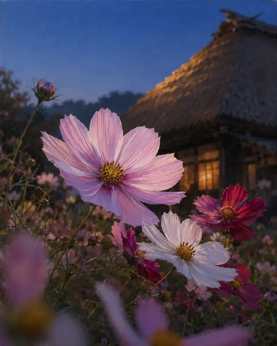 灯る茅葺き屋根と夕風に揺れる秋桜