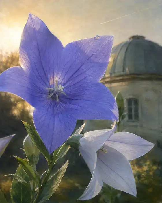 Dome in Twilight Glow and Purple-White Bellflowers Translucent in Light