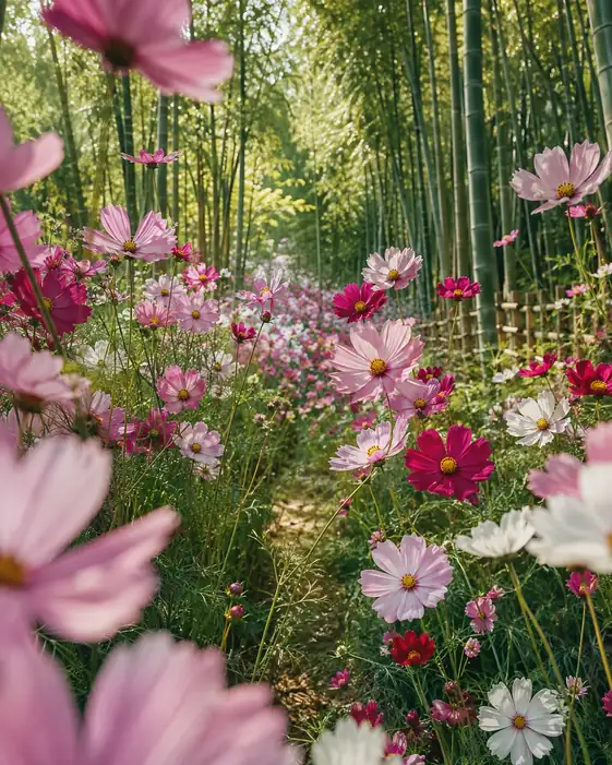 Komorebi in the Bamboo Grove and Wild Blooming Cosmos