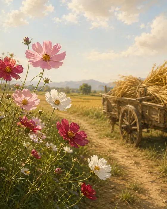 Harvest Wagon with Golden Straw and Cosmos in Autumn Sky