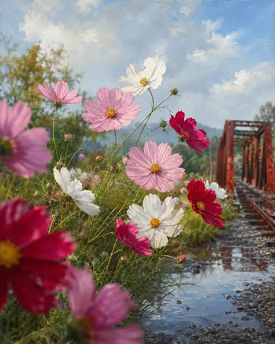 Blue Sky in Puddle and Cosmos along the Railway Bridge