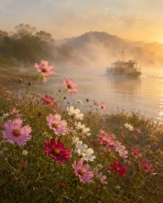 Boat in Golden Mist and Dew-Glistening Cosmos on the Shore