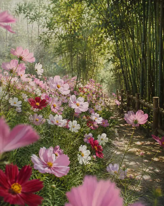 Komorebi Path in Bamboo Grove and Clustered Cosmos