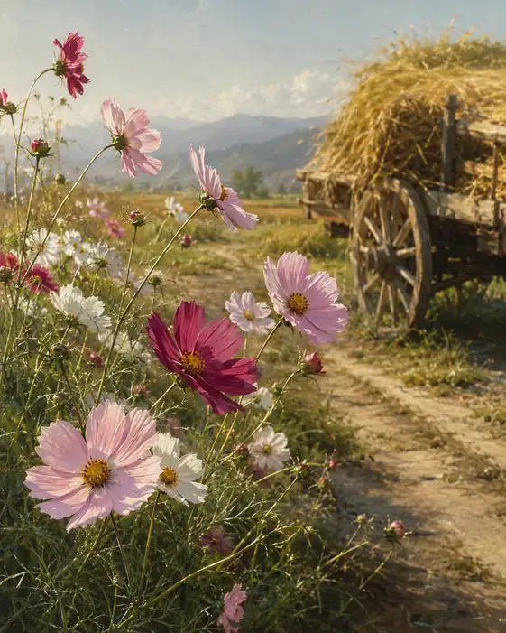 Harvest Straw Cart and Cosmos Blooming along the Ridge Path