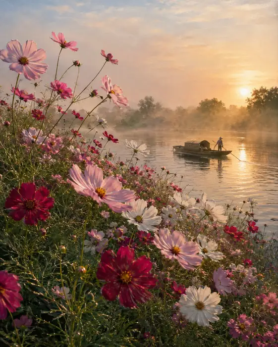 Golden Waterway Boat and Dew-Laden Cosmos on the Bank