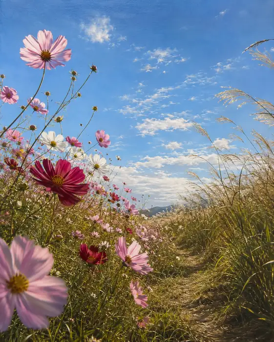 Cosmos Gazing at Azure Skies and the Pampas Path
