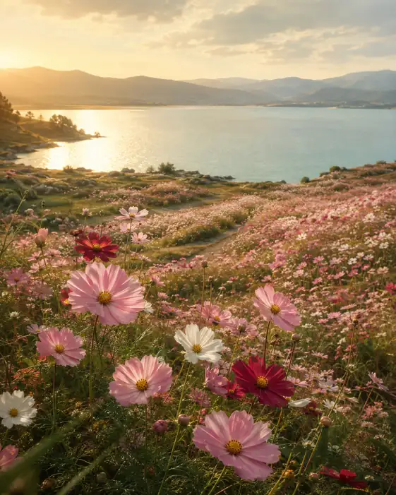 Sunset Lake View and Carpet of Blooming Cosmos