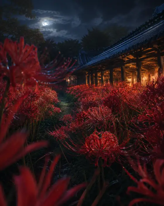 Moonlit Sanctuary and Lycoris Veiling the Corridor