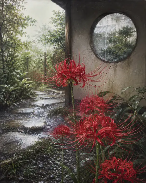 Rainy Round Window and Lycoris Glistening in the Garden